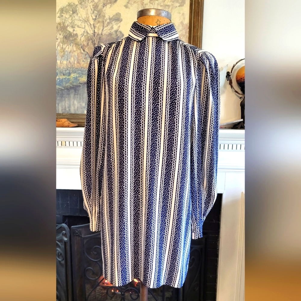 Silkitalia by Robert Janan Blue & White Polka Dots and Striped Mini Dress